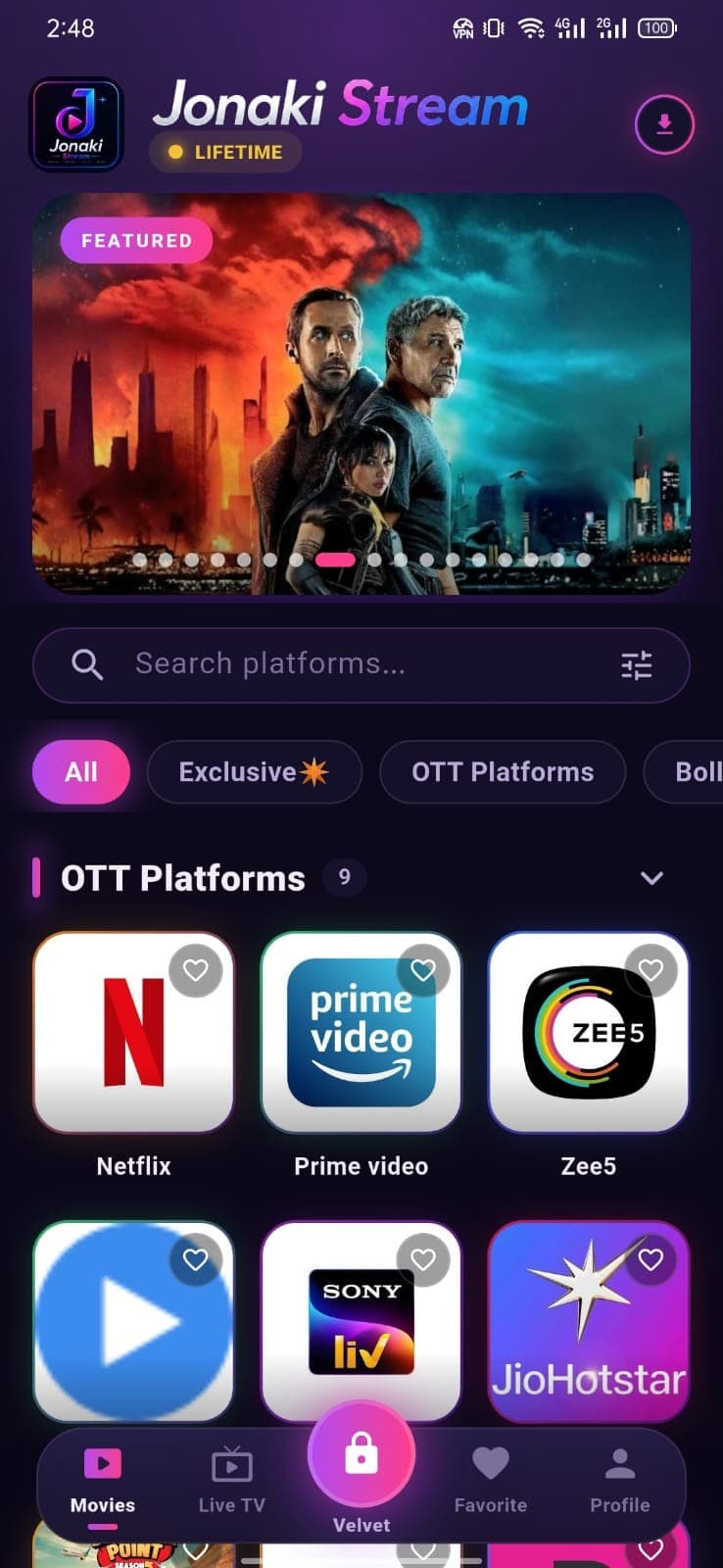 Jonaki Stream app home screen
